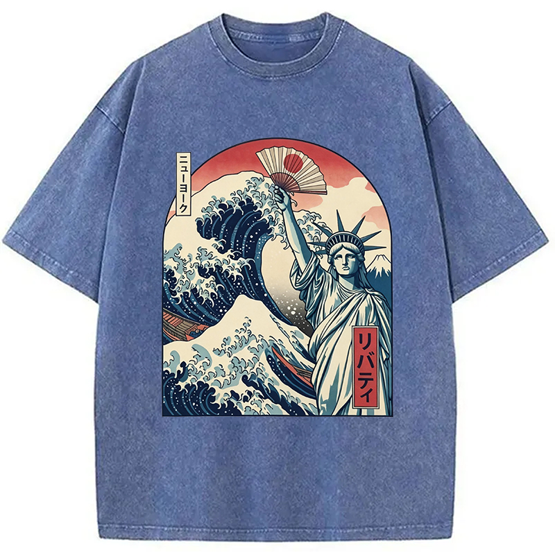 Modecanvas Ukiyo-e Statue Of Liberty DTG Printing Washed T-Shirt