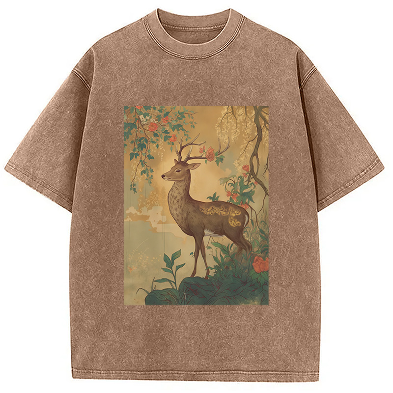 Modecanvas Graceful Japanese Deer Washed T-Shirt