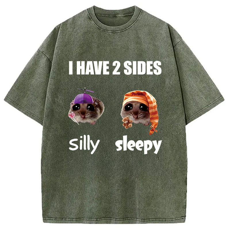 Modecanvas I Have 2 Sides Silly Sleepy Rat Meme DTG Printing Washed T-Shirt