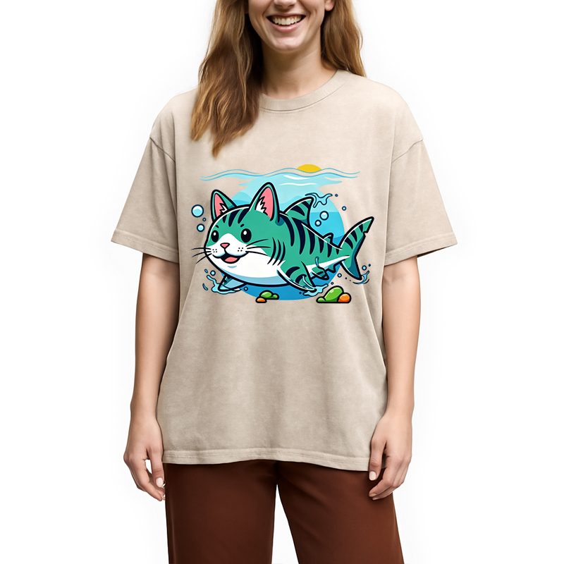 Modecanvas A Cat Shark Washed T-Shirt