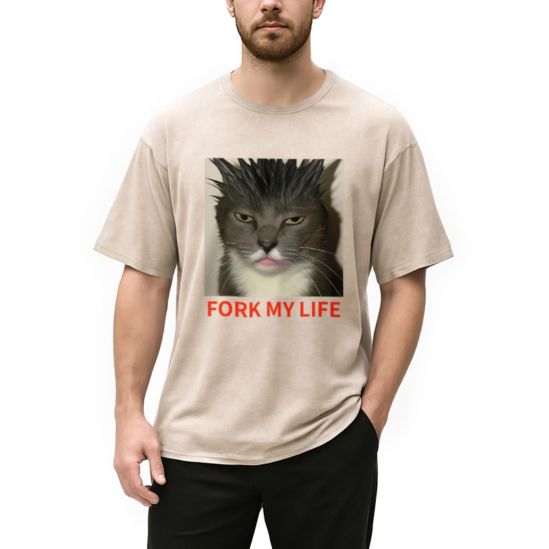 Modecanvas Gray Cat Fork My Life Washed T-Shirt