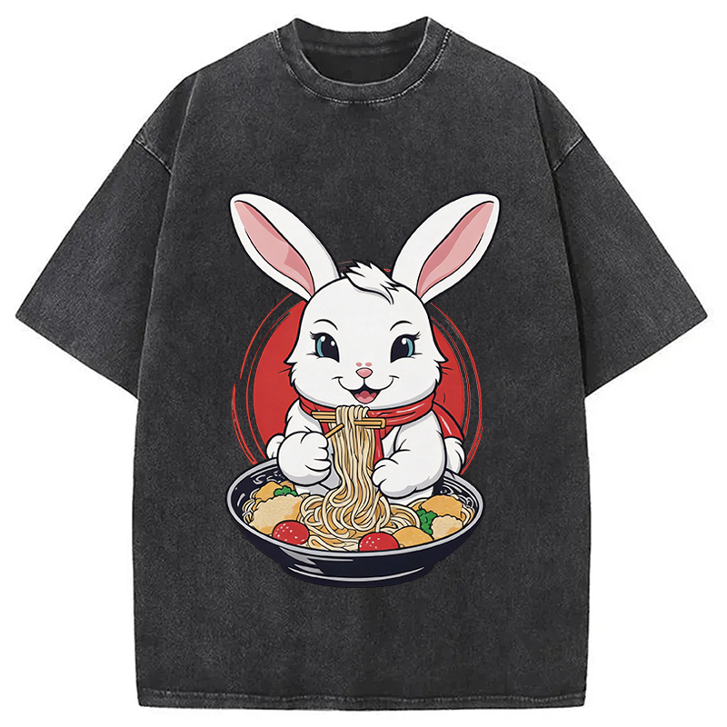 Modecanvas Cute Kawaii Rabbit Eating Ramen DTG Printing Washed T-Shirt