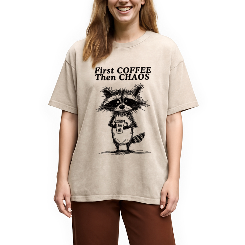 Modecanvas First Coffee Then Chaos Washed T-Shirt