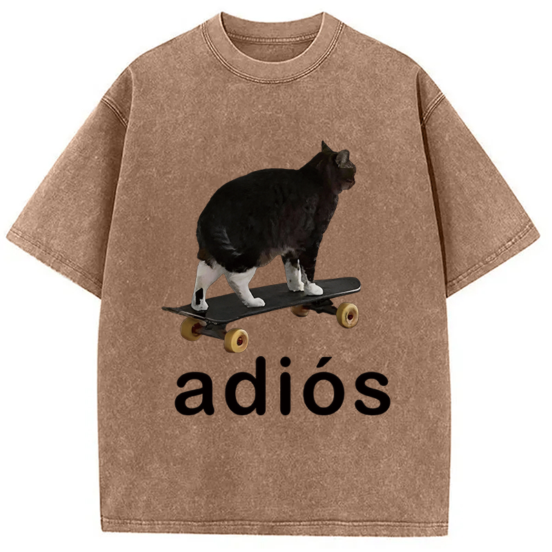 Modecanvas Adios Funny Cat Meme DTG Printing Washed T-Shirt
