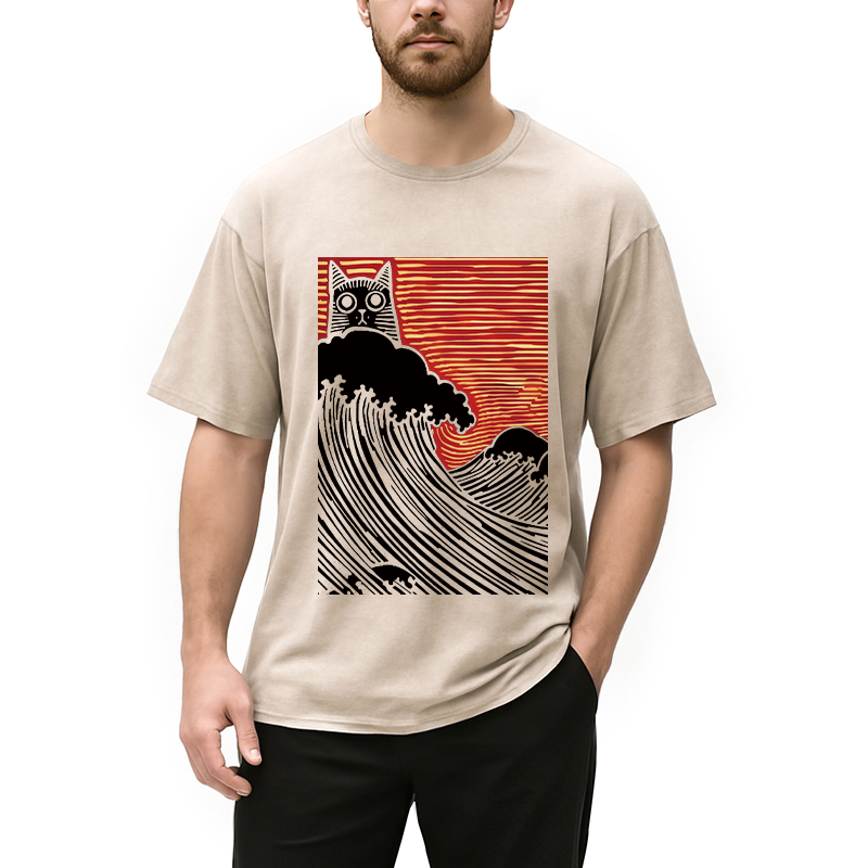 Modecanvas Japanese Cat Wave DTG Printing Washed T-Shirt