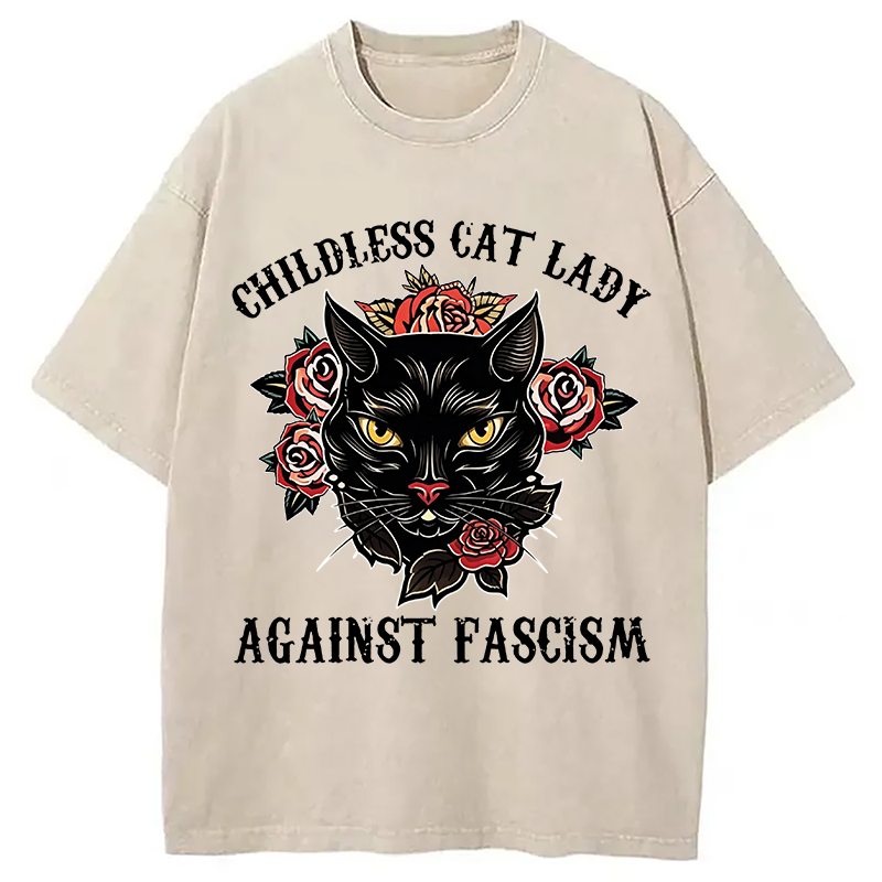 Modecanvas Childless Cat Lady Against Fascism Funny Cat Meme DTG Printing Washed T-Shirt