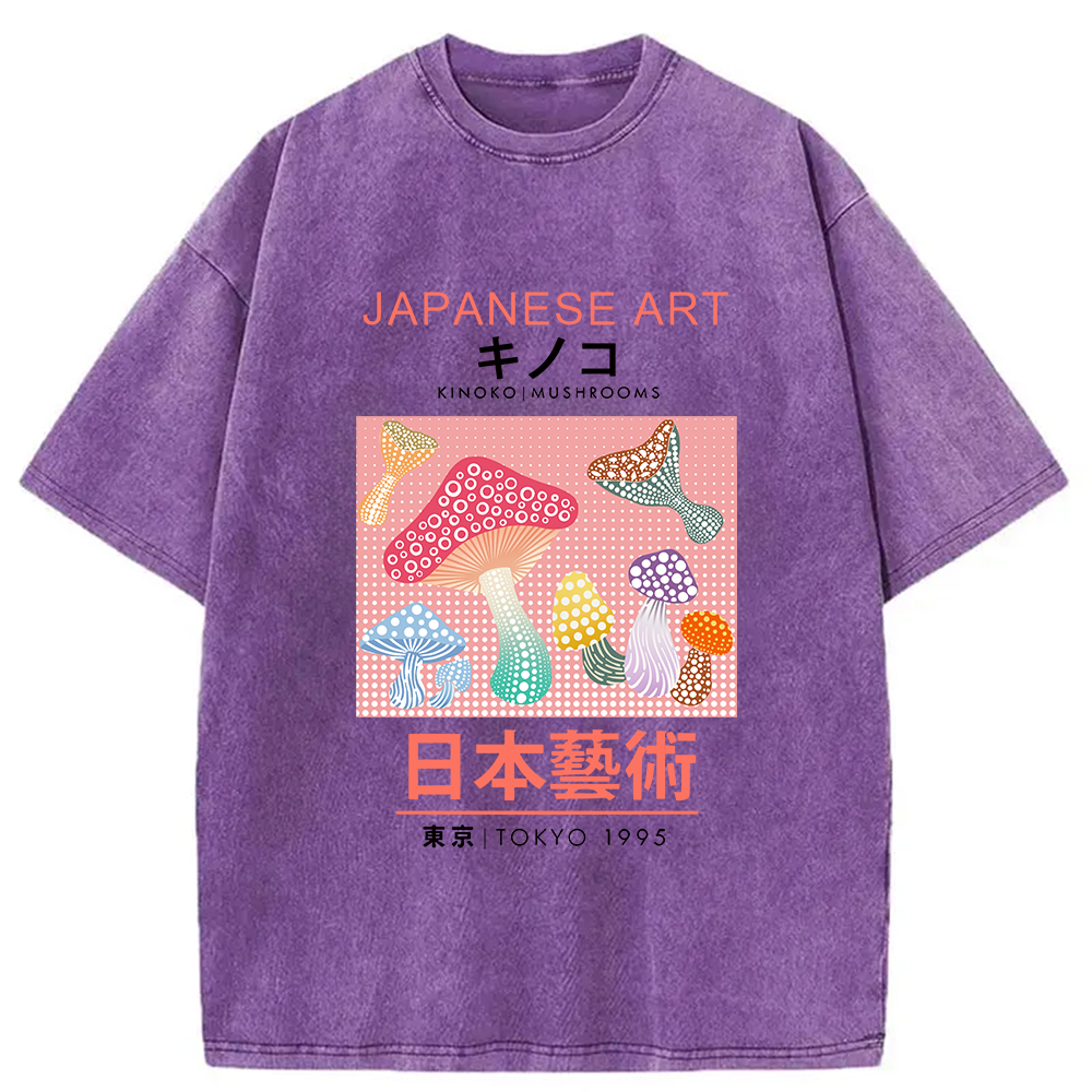 Modecanvas Pink Mushroom Japanese Art Washed T-Shirt