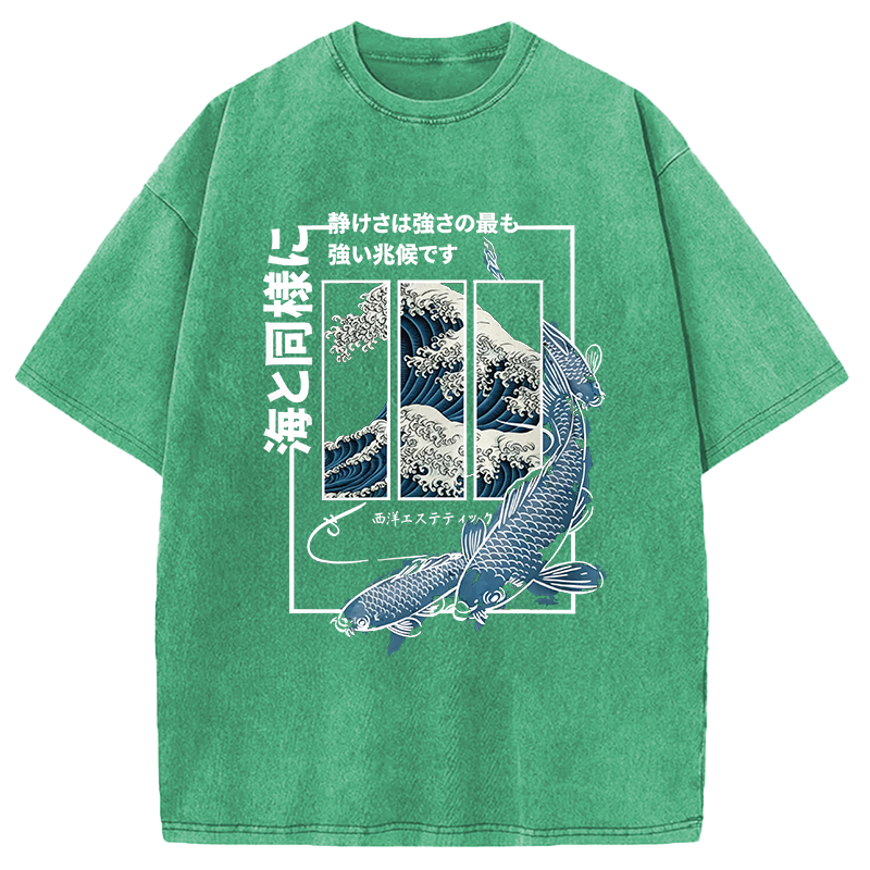 Modecanvas Koi Fish Great Wave DTG Printing Washed T-Shirt