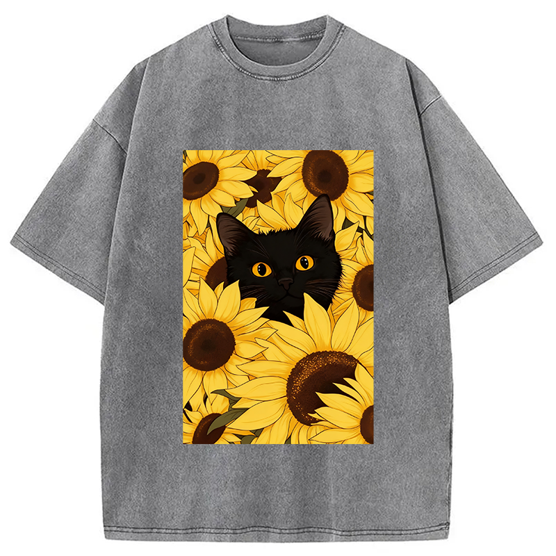 Modecanvas Cat In The Sunflowers Washed T-Shirt
