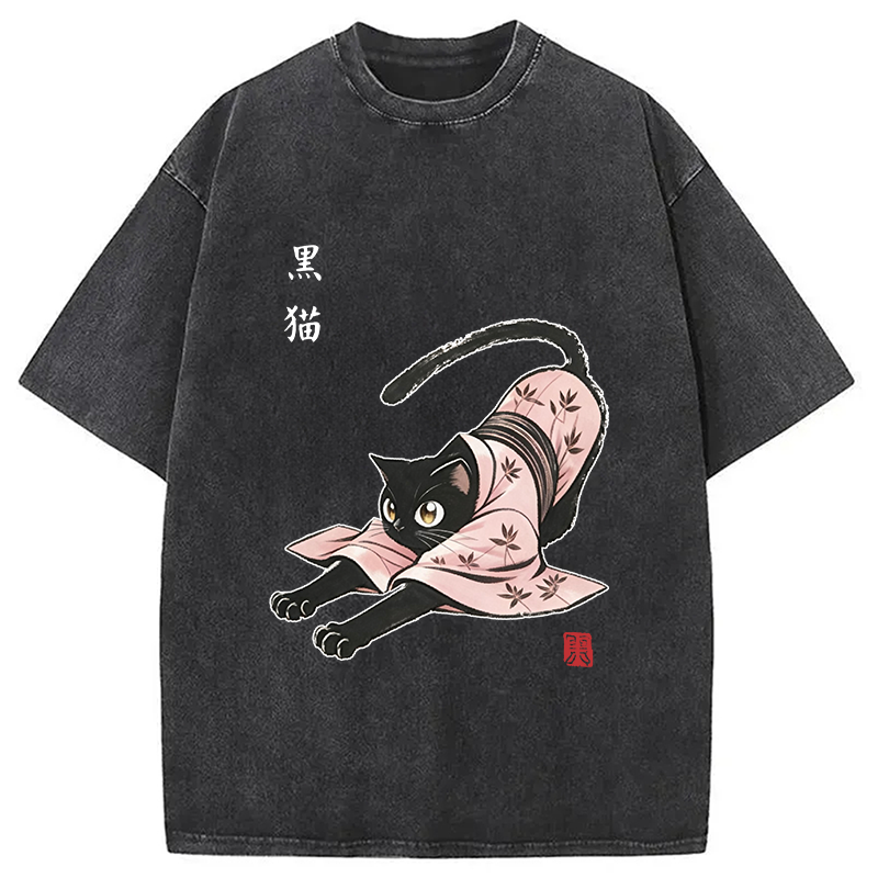 Modecanvas Yoga Black Cat DTG Printing Washed T-Shirt