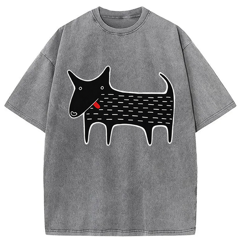 Modecanvas Black Dog Kawaii Folk Art DTG Printing Washed T-Shirt