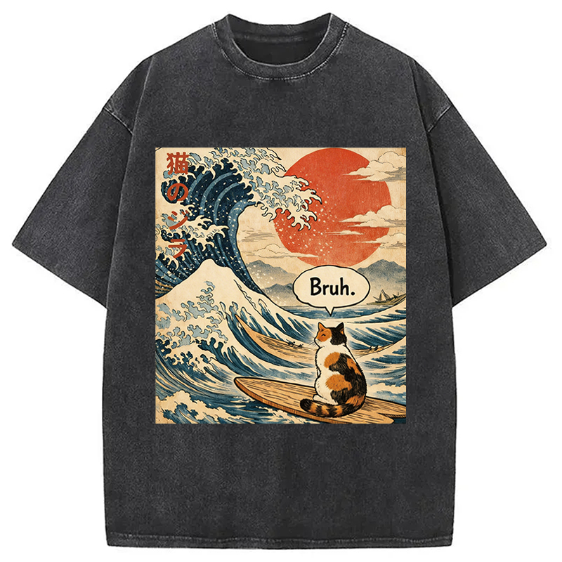 Modecanvas Bruh. The Great Wave Japanese Surfing Cat DTG Printing Washed T-Shirt