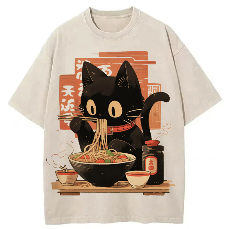 Modecanvas Edo Period Ramen Noodles Art Japan Black Cat Washed T-Shirt