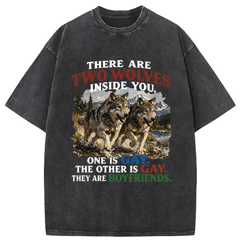 Modecanvas Two Wolves Gay Boyfriends Meme DTG Printing Washed T-Shirt