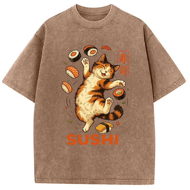 Modecanvas Funny Sushi Cat DTG Printing Washed T-Shirt