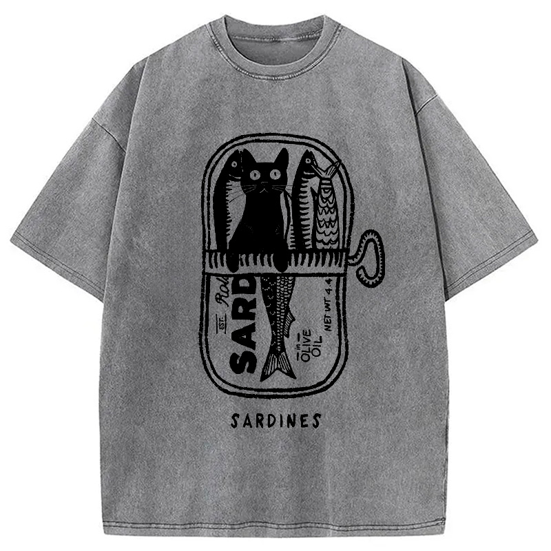 Modecanvas Cat Hiding In A Sardine Can Washed T-Shirt-modecanvas