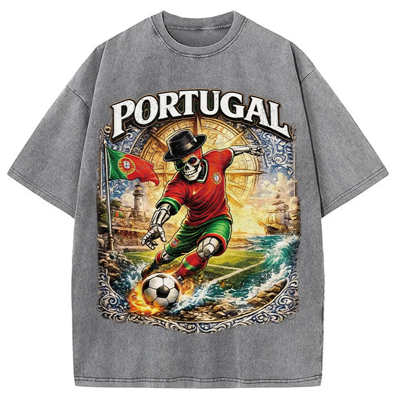 Modecanvas Portugal Soccer Skull DTG Printing Washed T-Shirt