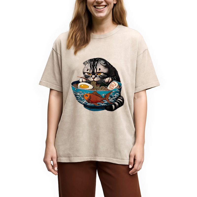 Modecanvas American Shorthair Cat Eating Ramen Washed T-Shirt