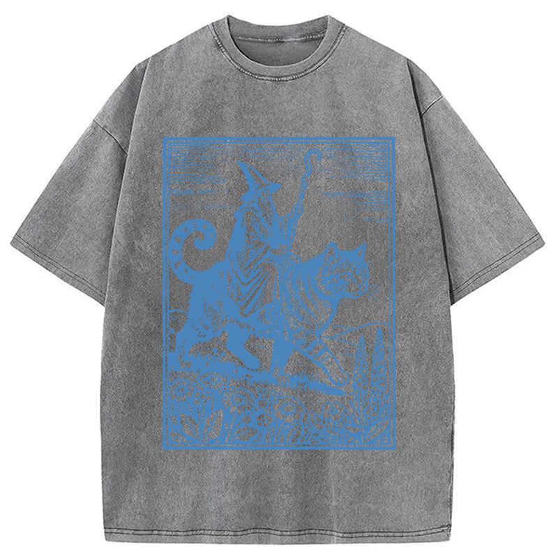 Modecanvas Wizard Cat Rider Vintage DTG Printing Washed T-Shirt