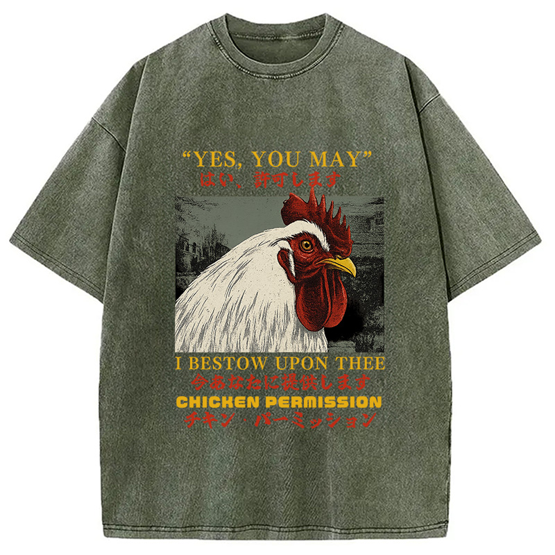 Modecanvas Chicken Permission Vintage DTG Printing Washed T-Shirt-modecanvas