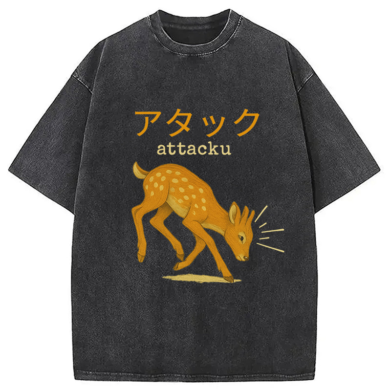 Modecanvas Funny Japanese Deer Washed T-Shirt