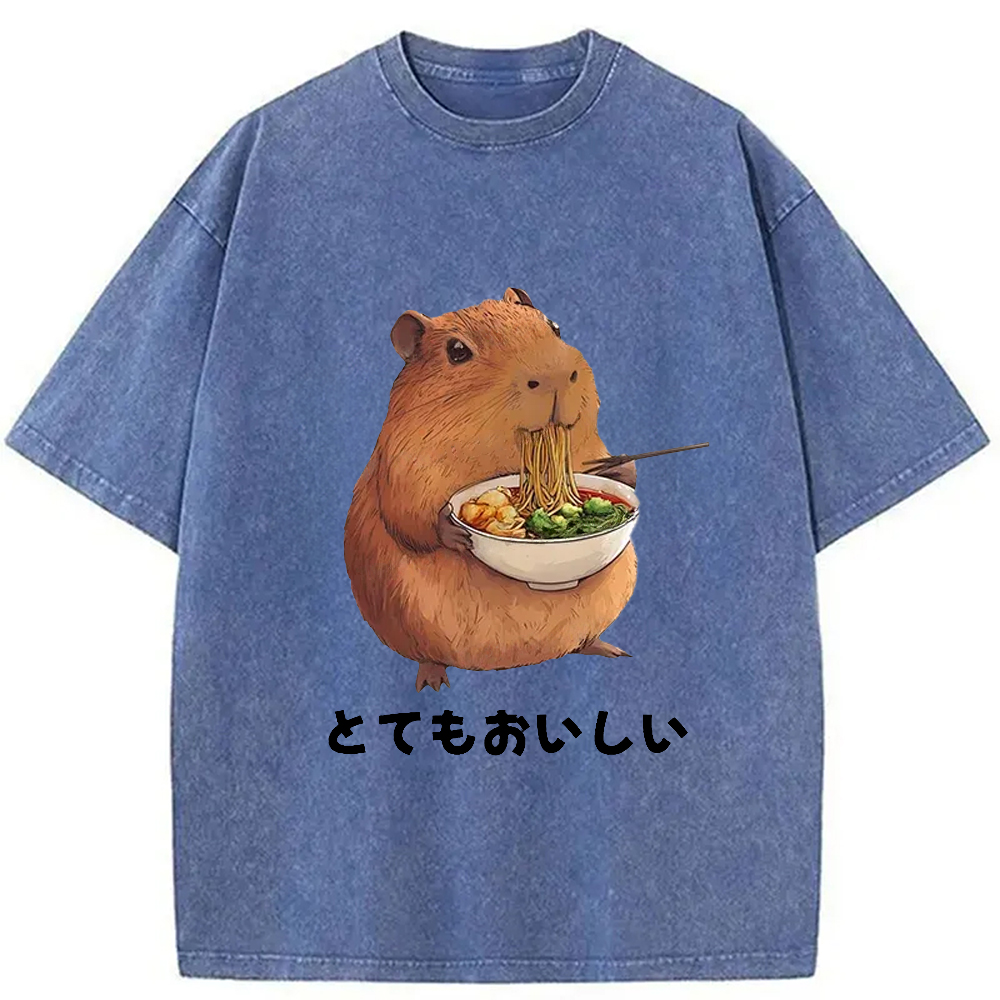 Modecanvas Capybara Eating Japanese Ramen Washed T-Shirt