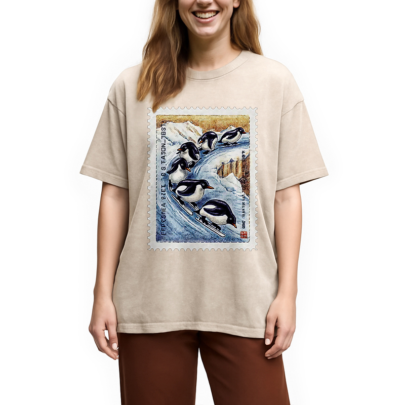 Modecanvas Gliding Penguin Stamp Washed T-Shirt