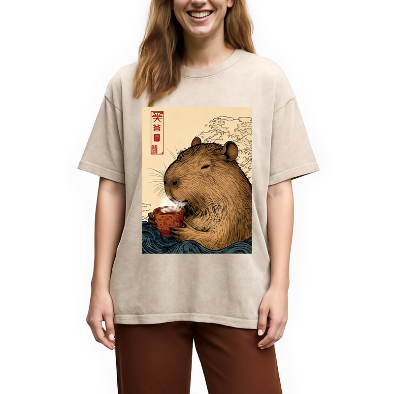 Modecanvas Capybara with Morning Tea DTG Printing Washed T-Shirt
