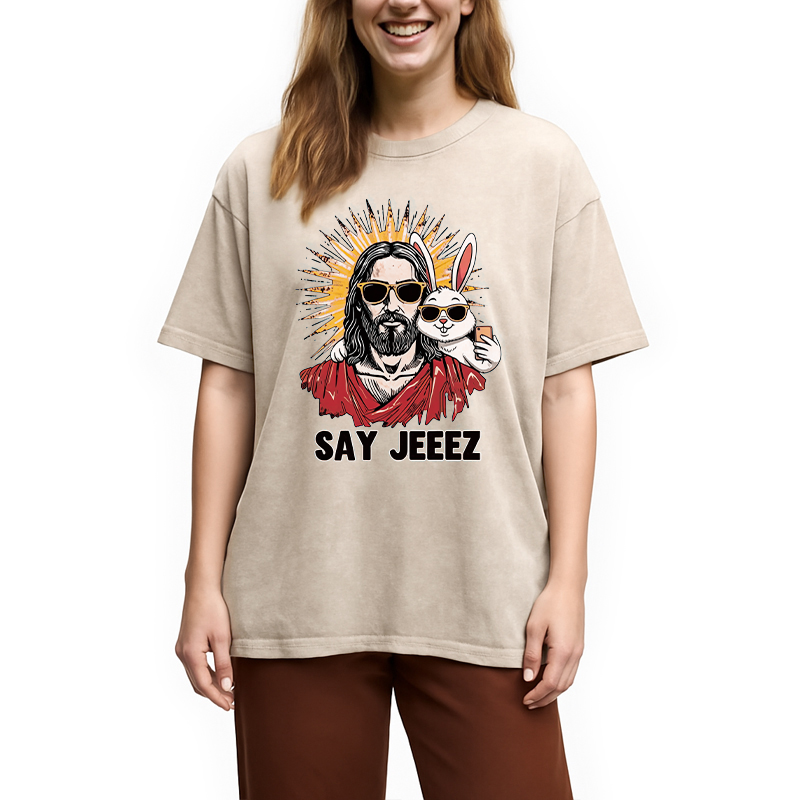 Modecanvas Say Jeeez Funny Easter DTG Printing Washed T-Shirt
