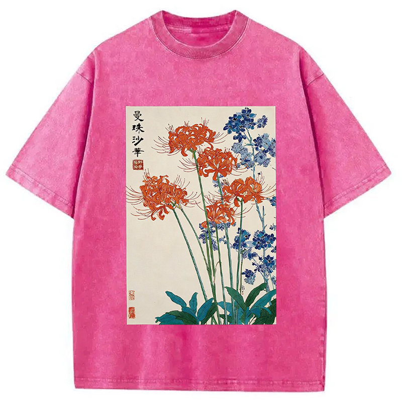 Modecanvas Red Spider Lily Bloom DTG Printing Washed T-Shirt