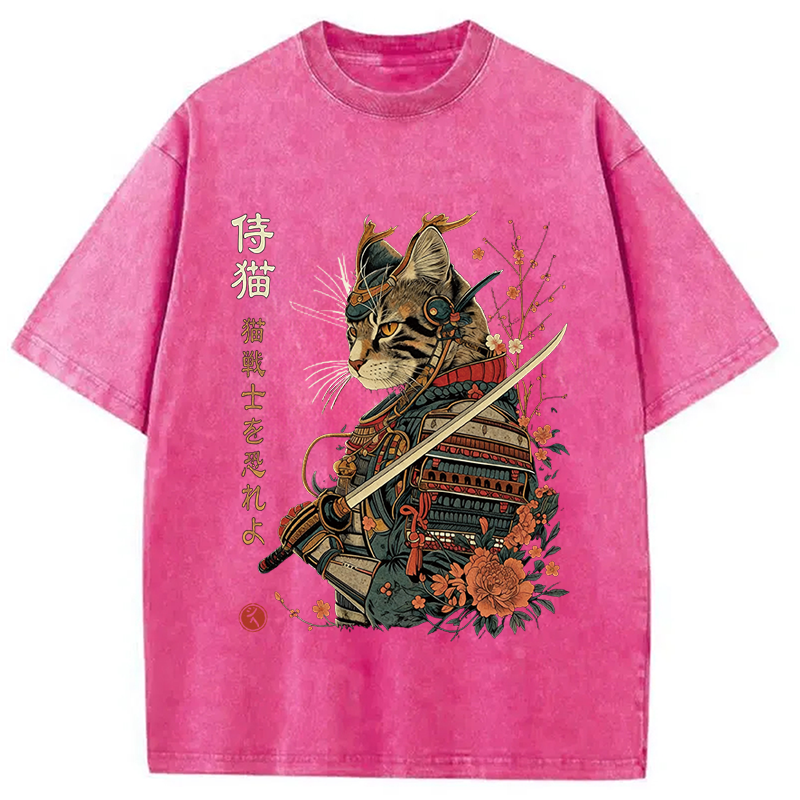 Modecanvas Japanese Samurai Cat DTG Printing Washed T-Shirt-modecanvas