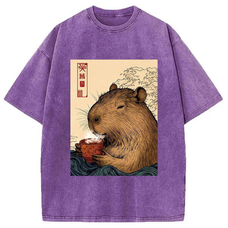 Modecanvas Capybara with Morning Tea DTG Printing Washed T-Shirt