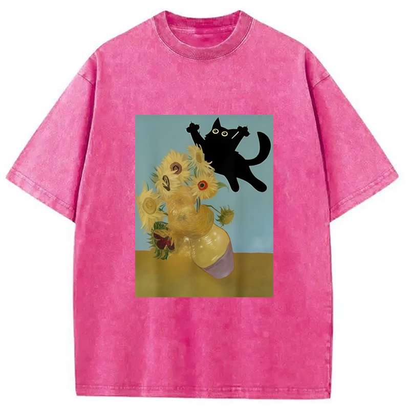 Modecanvas Playing Cat Sunflower Washed T-Shirt