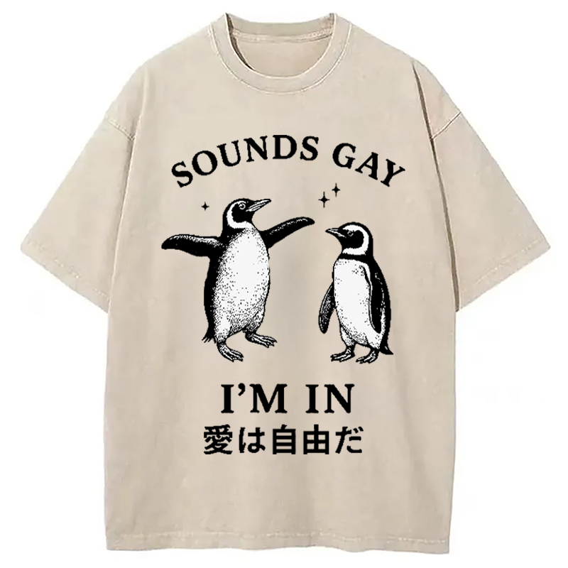 Modecanvas Loving And Free Penguins Washed T-Shirt