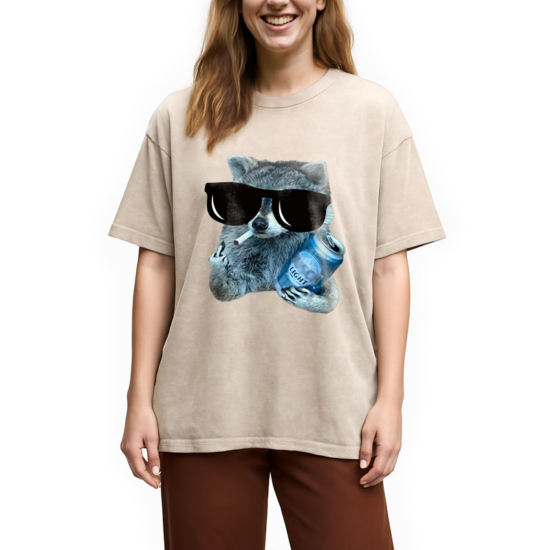 Modecanvas Raccoon Drinking Beer DTG Printing Washed T-Shirt
