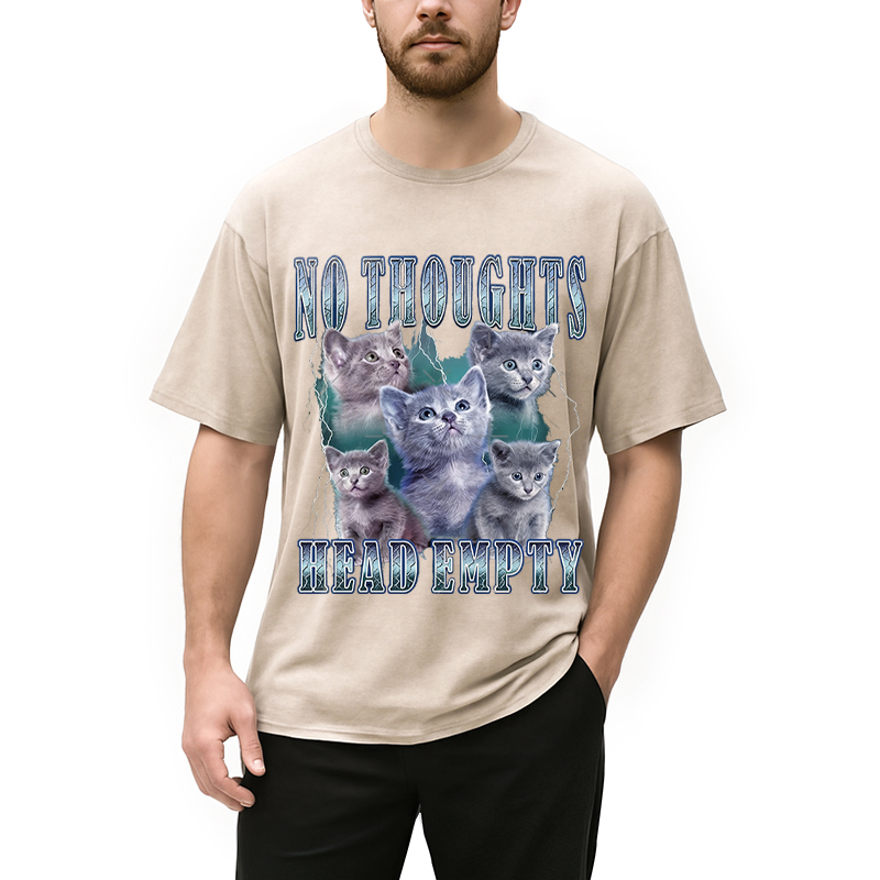 Modecanvas No Toughts Head Empty Funny Cat Meme DTG Printing Washed T-Shirt