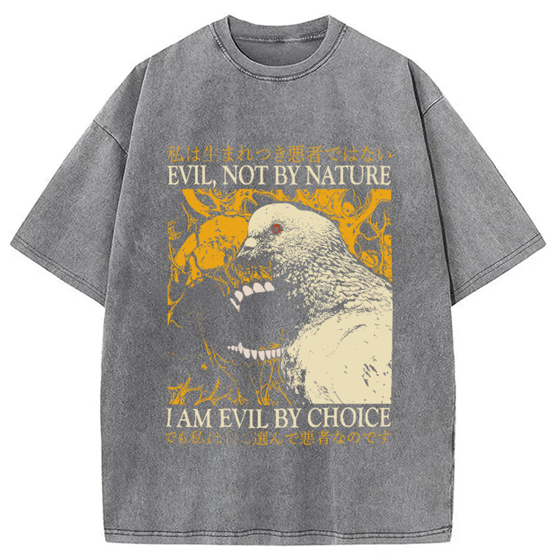 Modecanvas Evil By Choice Funny Japanese Pigeon DTG Printing Washed T-Shirt-modecanvas
