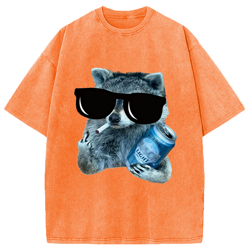 Modecanvas Raccoon Drinking Beer DTG Printing Washed T-Shirt