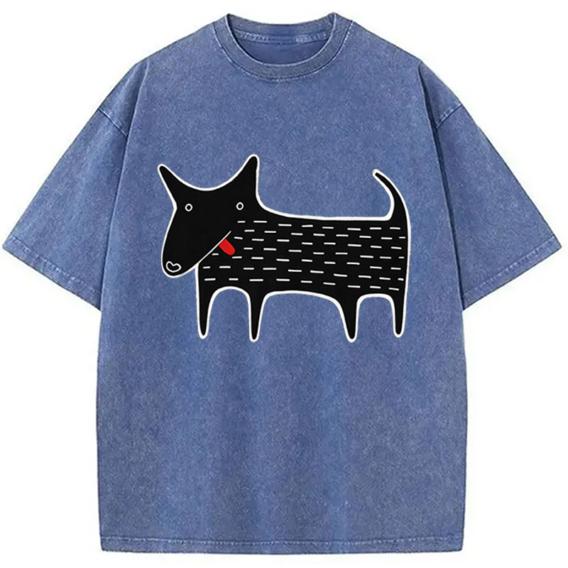 Modecanvas Black Dog Kawaii Folk Art DTG Printing Washed T-Shirt