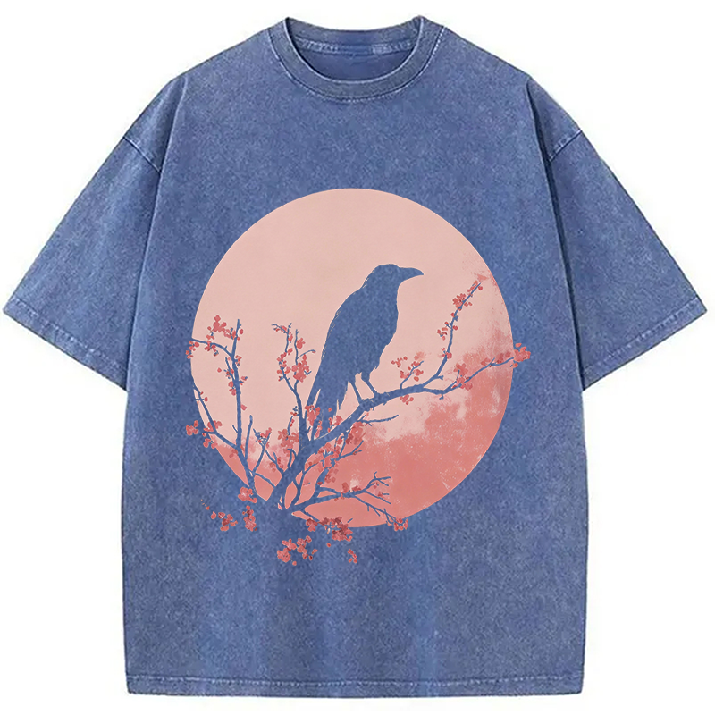 Modecanvas Crow Pink Moon DTG Printing Washed T-Shirt