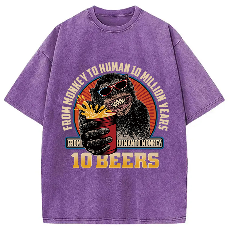 Modecanvas Human To Monkey In 10 Beers Funny Alcohol DTG Printing Washed T-Shirt