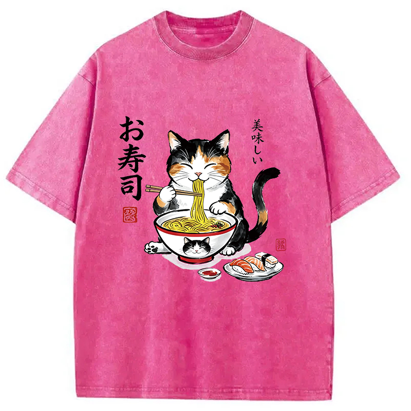 Modecanvas Cats Eat Japanese Food DTG Printing Washed T-Shirt