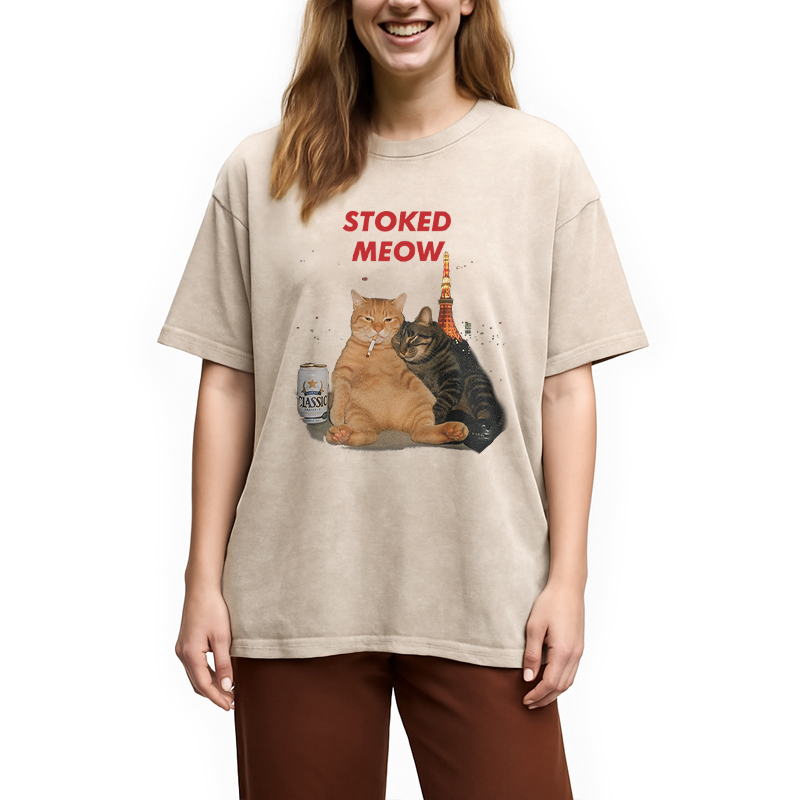 Modecanvas Stoked Meow Smoking Cat Washed T-Shirt