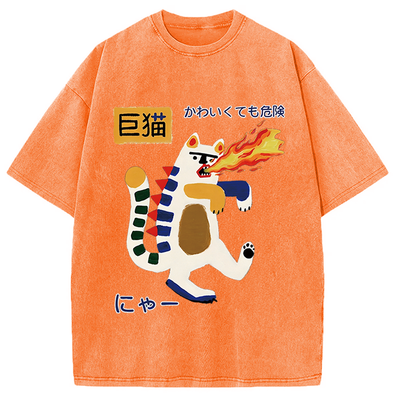 Modecanvas Fire-breathing Giant Cat DTG Printing Washed T-Shirt