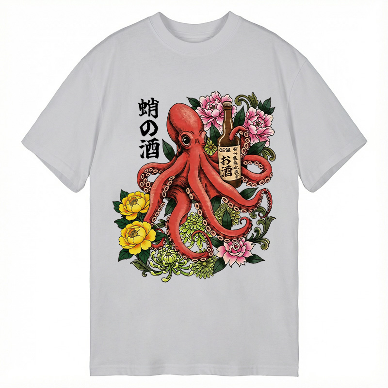 Modecanvas Octopus with Sake Bottle DTG Printing Classic T-Shirt-modecanvas
