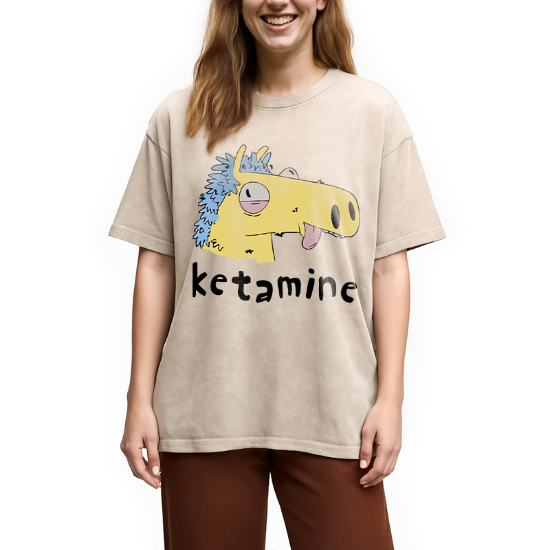Modecanvas Funny Ketamine Silly Horse DTG Printing Washed T-Shirt