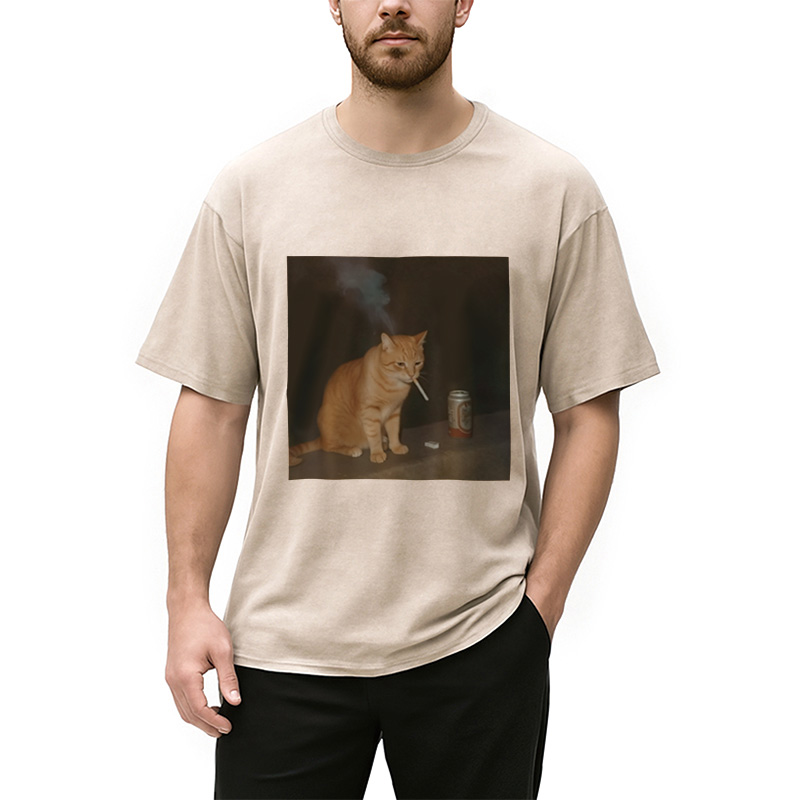 Modecanvas Cat Smoking Funny Meme Washed T-Shirt