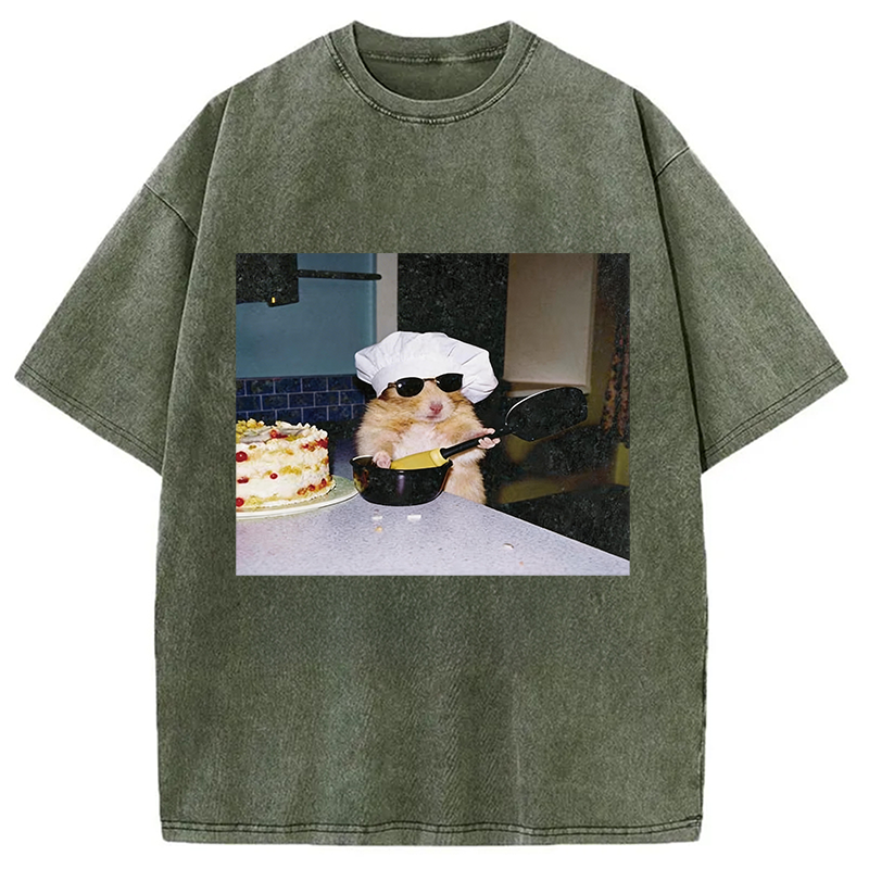 Modecanvas Vintage Chef Hamster Cooking Meme DTG Printing Washed T-Shirt