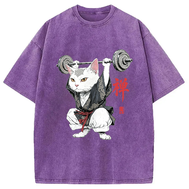 Modecanvas Zen Samurai Cat Weightlifter DTG Printing Washed T-Shirt