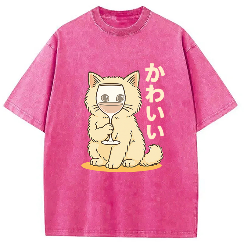Modecanvas Kawaii Cat with Wine Glass Face Washed T-Shirt